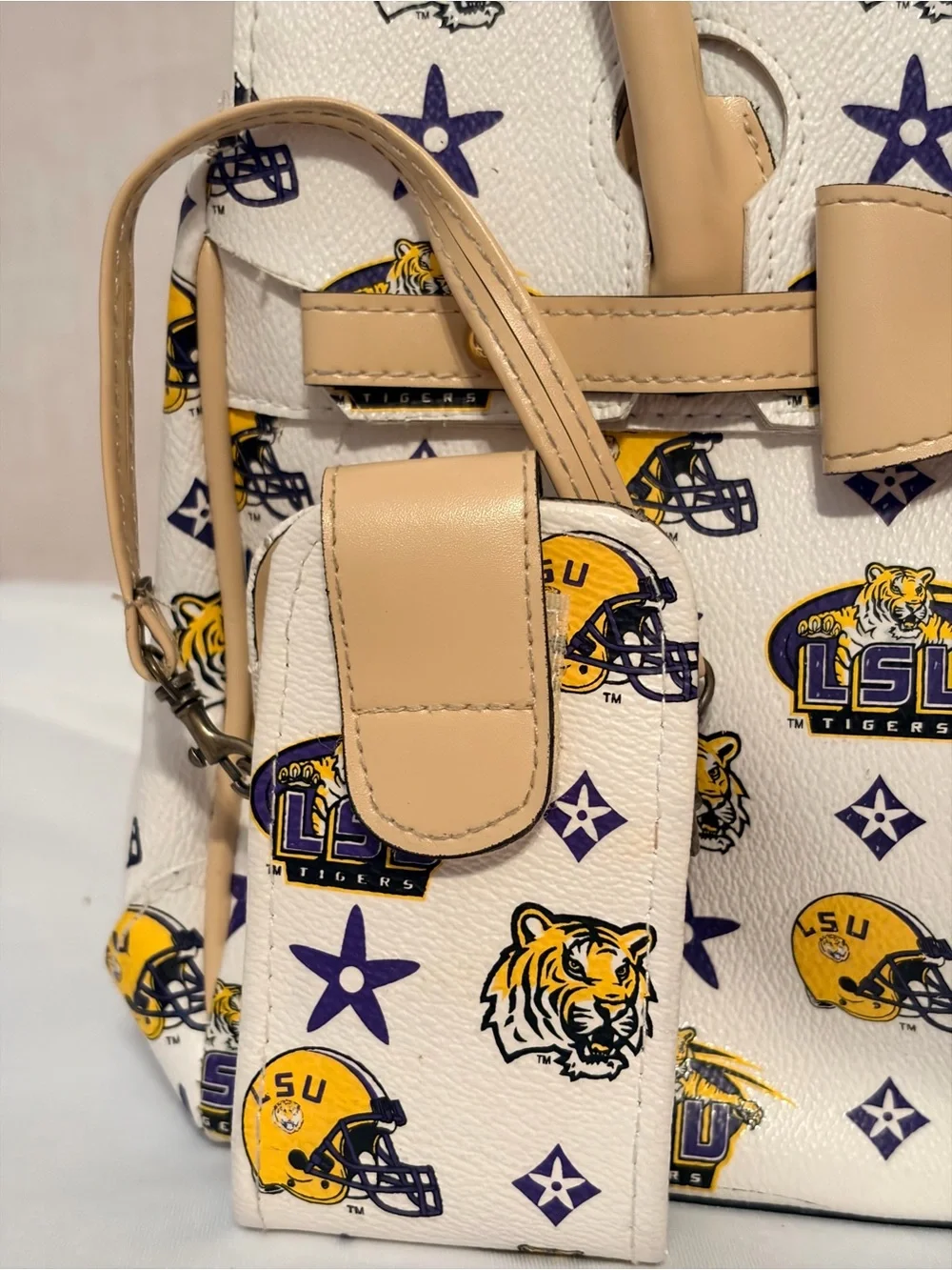 LSU Themed White & Tan Satchel Bag with Bow Accent & matching accessory pouch